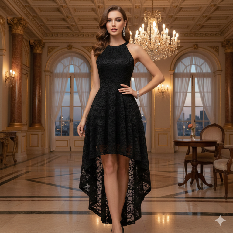 Vestido de cóctel de encaje floral sin mangas Asimetrico