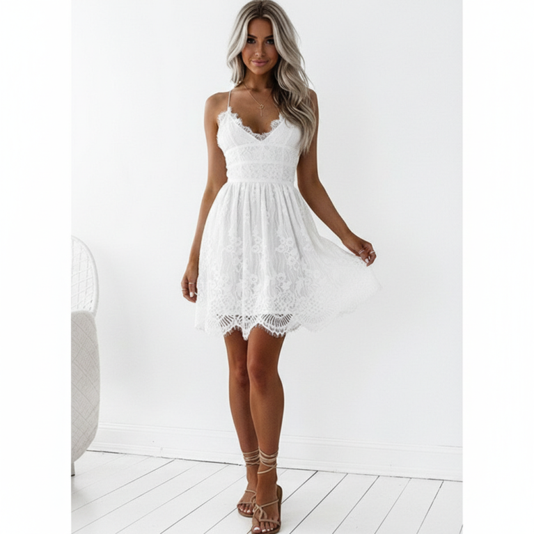 Vestidos de encaje diseño floral cuello en V tirantes delgados espalda descubierta