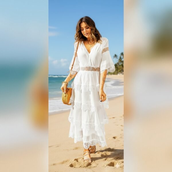 Vestido Largo En Capas con Encaje Transparente con Estampado De Lunares