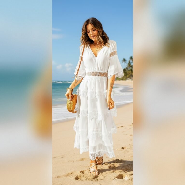 Vestido Largo En Capas con Encaje Transparente con Estampado De Lunares