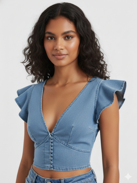 Top mezclilla crop de cuello profundo de manga mariposa