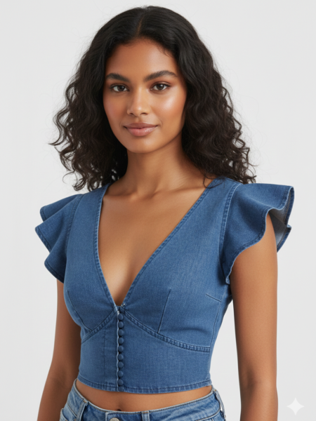 Top mezclilla crop de manga mariposa con botón delantero