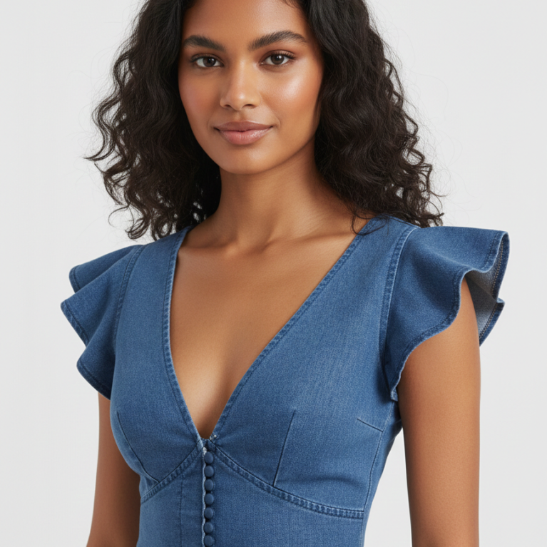 Top mezclilla crop de manga mariposa con botón delantero