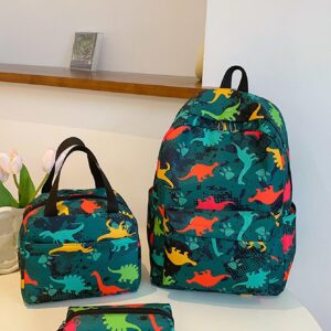 3 piezas/set de Bolso de gran capacidad con dinosaurio de dibujos animados, Lonchera y Cartuchera