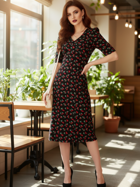 Vestido con estampado de cereza de manga farol