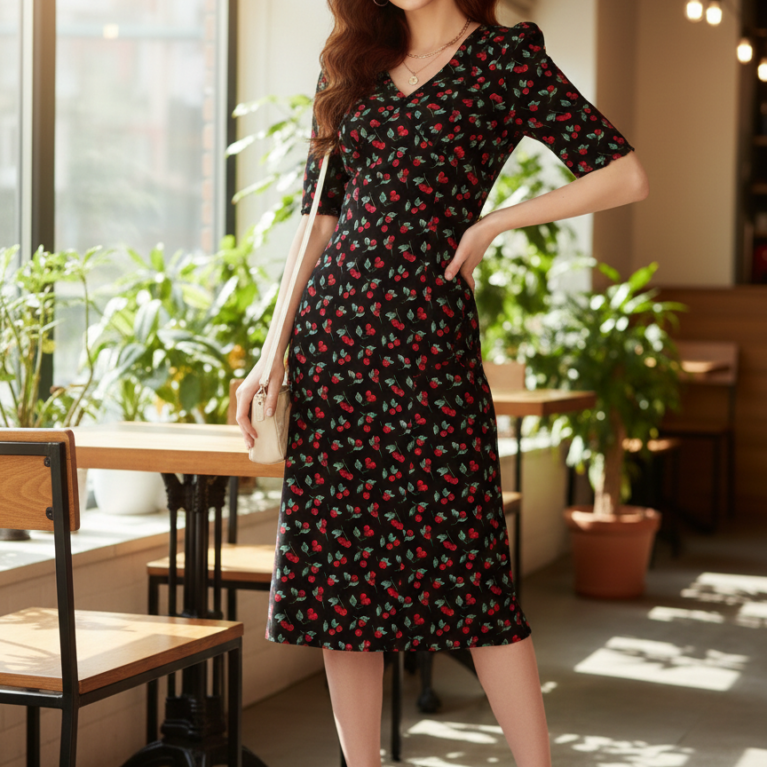 Vestido con estampado de cereza de manga farol