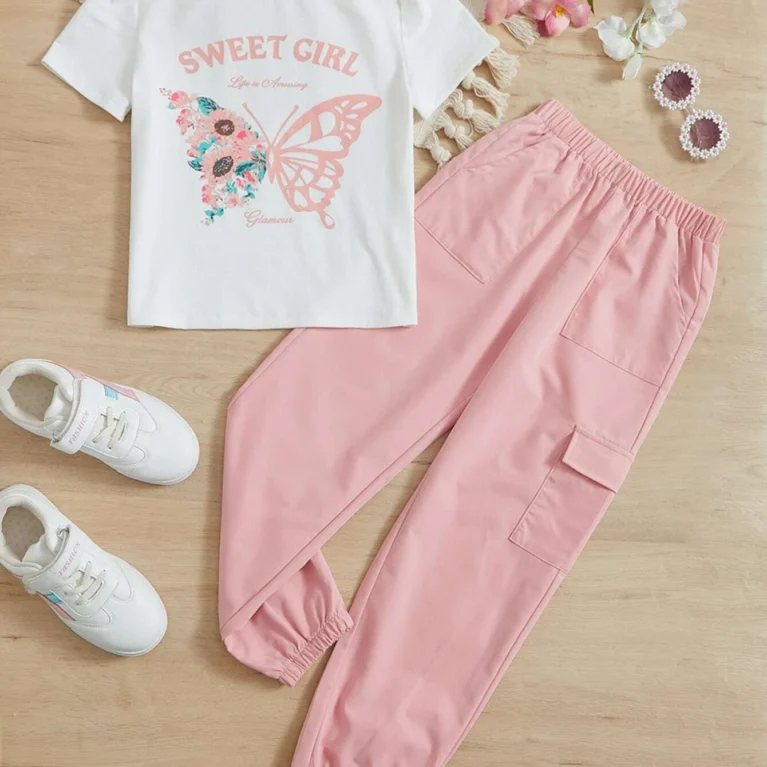 Conjunto de Camisa Con Mariposas Y Pantalón Cargo Con Bolsillo