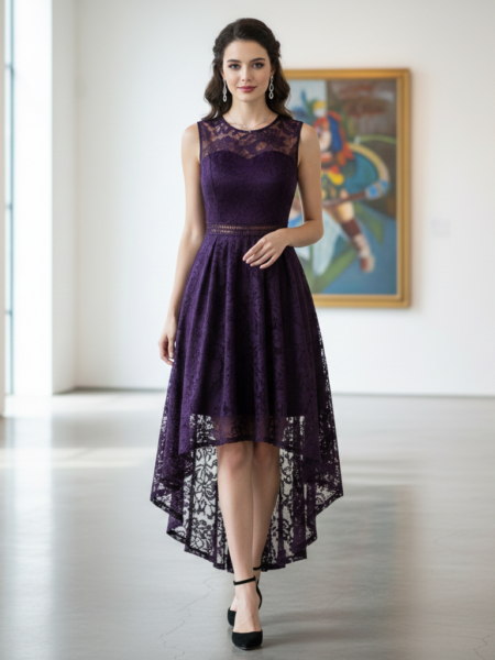 Vestido de encaje asimétrico cuello redondo sin mangas abertura en cintura