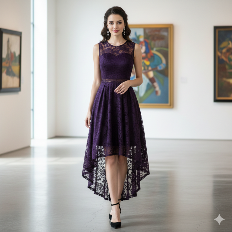 Vestido de encaje asimétrico cuello redondo sin mangas abertura en cintura