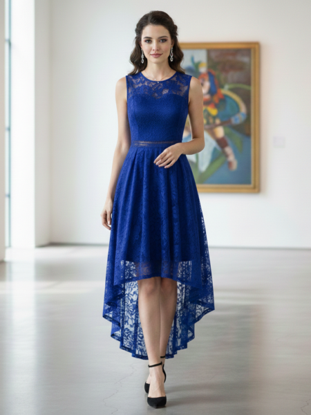 Vestido de encaje asimétrico cuello redondo sin mangas abertura en cintura