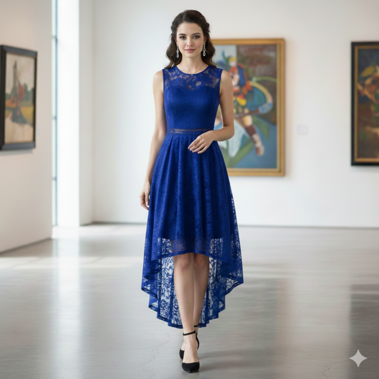 Vestido de encaje asimétrico cuello redondo sin mangas abertura en cintura