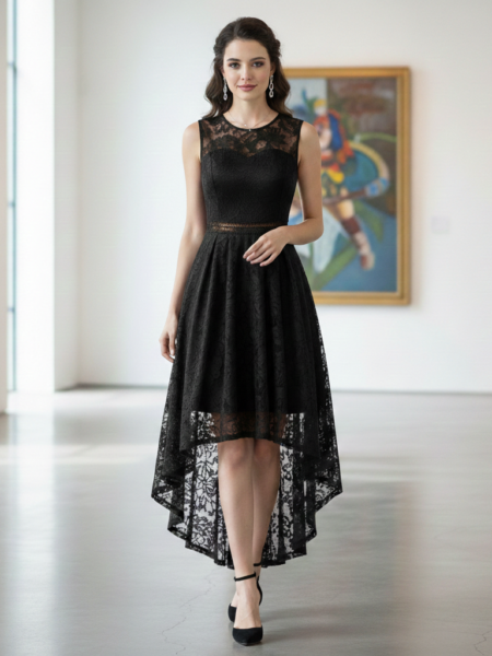 Vestido de encaje asimétrico cuello redondo sin mangas abertura en cintura