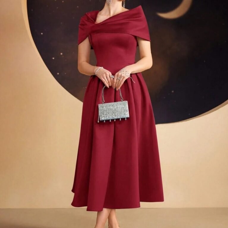 Vestido midi de satén elegante con manga asimetrica
