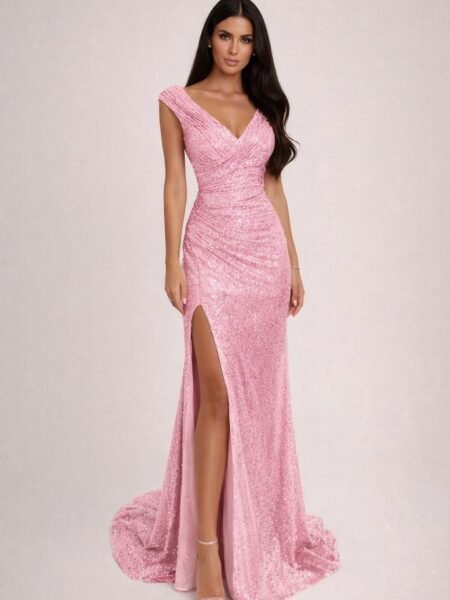 Vestido largo ajustado de lentejuelas abertura en muslo