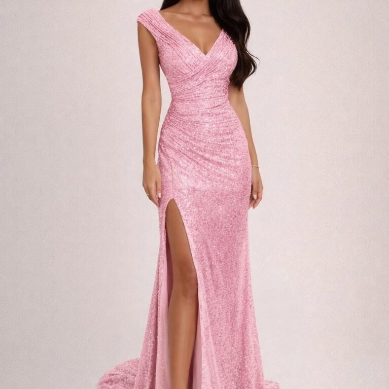 Vestido largo ajustado de lentejuelas abertura en muslo