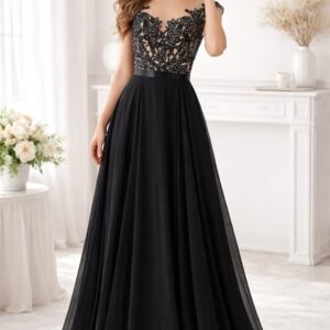 Vestido largo elegante con encaje y pedreria Linea A