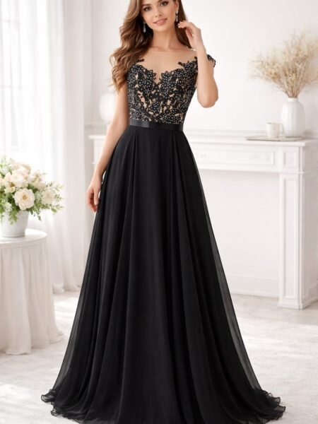 Vestido largo elegante con encaje y pedreria Linea A