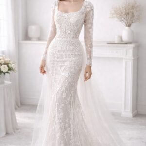 Vestido de novia estilo sirena manga larga con apliques y cola de tul