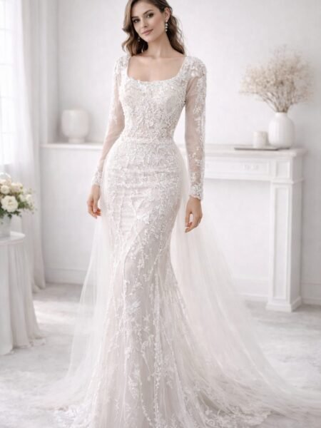 Vestido de novia estilo sirena manga larga con apliques y cola de tul