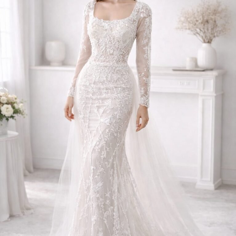 Vestido de novia estilo sirena manga larga con apliques y cola de tul