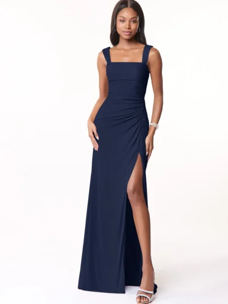 Vestido largo elegante fruncido con abertura en muslo espalda con lazo