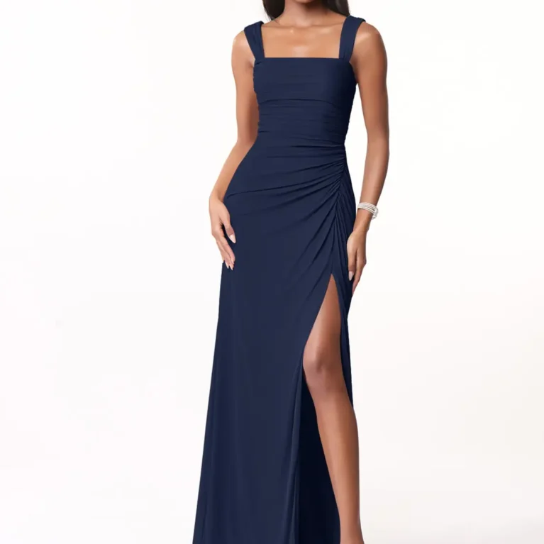 Vestido largo elegante fruncido con abertura en muslo espalda con lazo