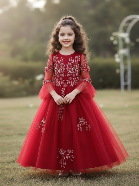 Vestido de niña estilo princesa con apliques manga larga