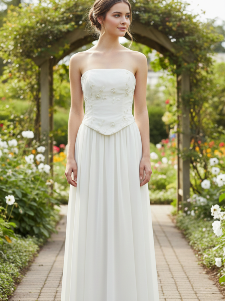 Vestido largo corte princesa con bordado de flores