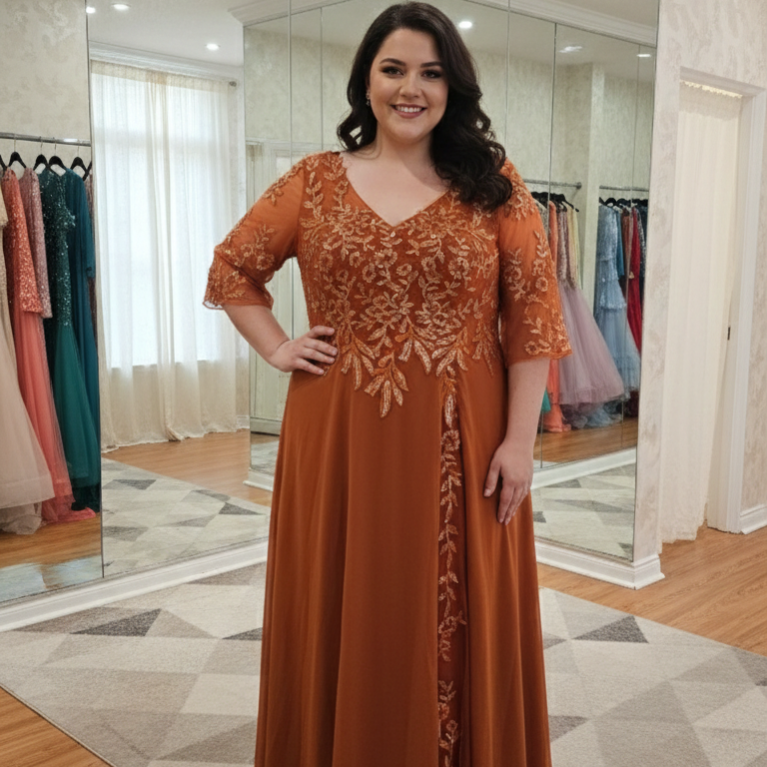 Vestido elegante talla plus con encaje y apliques