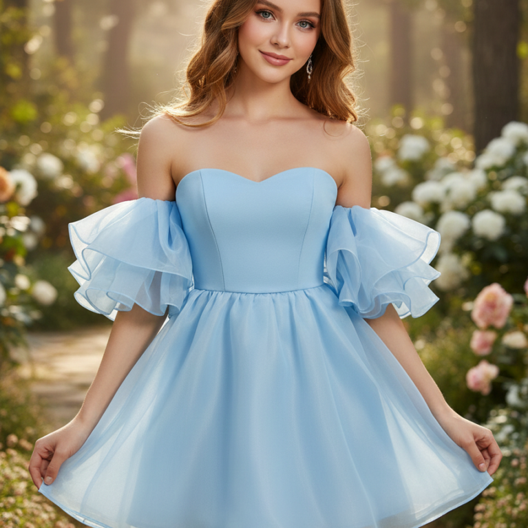 Vestido corto hombros descubiertos con mangas voladas