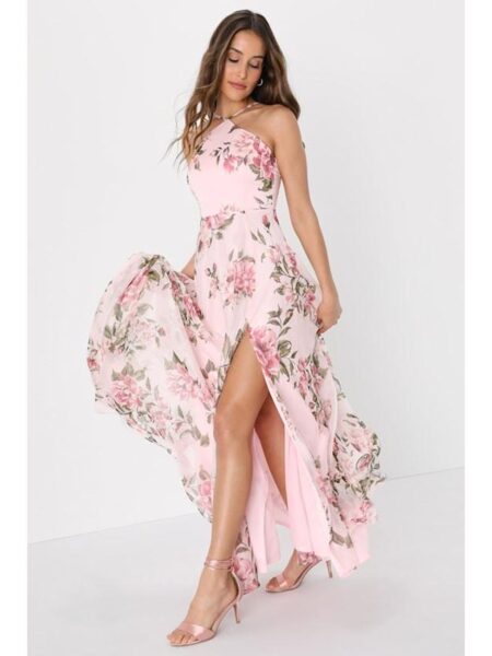 Vestido largo floral de cuello alto con abertura en muslo