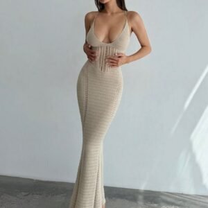 Vestido tejido de playa largo con espalda cruzada