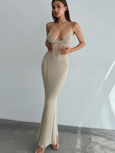 Vestido tejido de playa largo con espalda cruzada