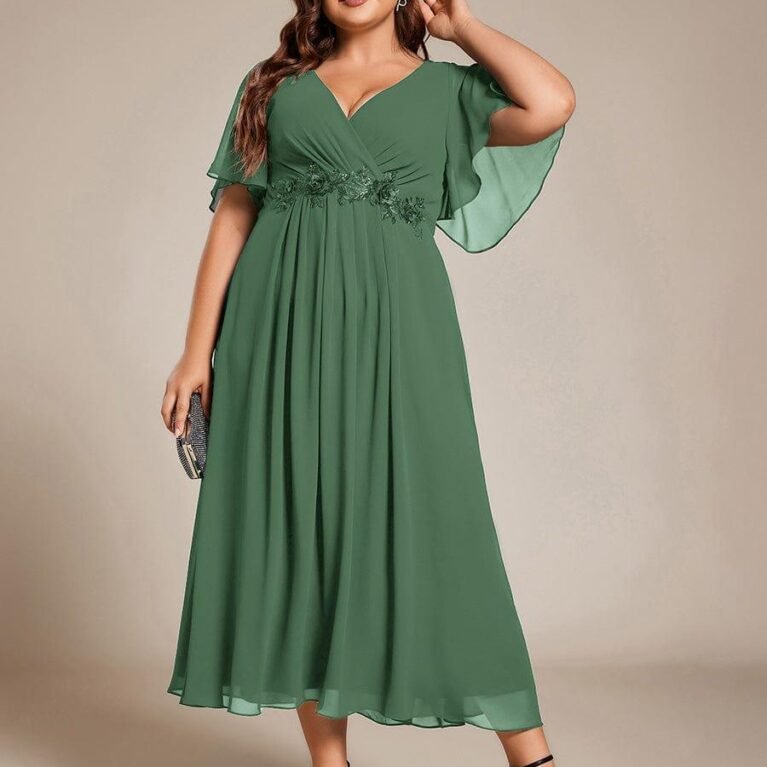 Vestido elegante talla plus midi escote V y apliques en cintura