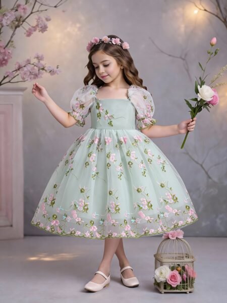 Vestido de niña floral de mangas bombachas falda amplia