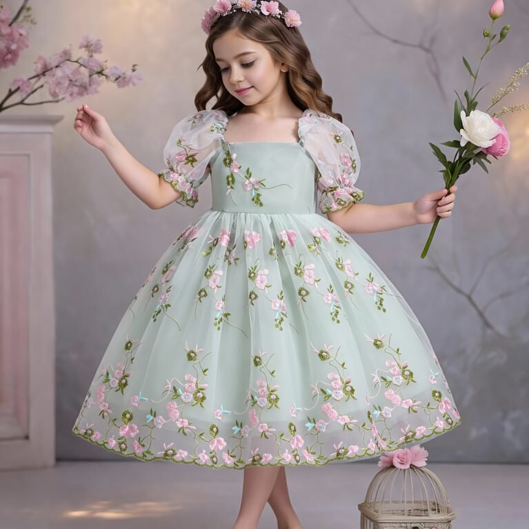 Vestido de niña floral de mangas bombachas falda amplia