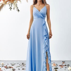 Vestido largo línea A de tirantes abertura en muslo con volantes