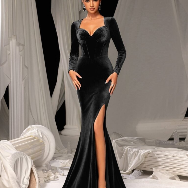 Vestido elegante manga larga escote de corazon con abertura en muslo