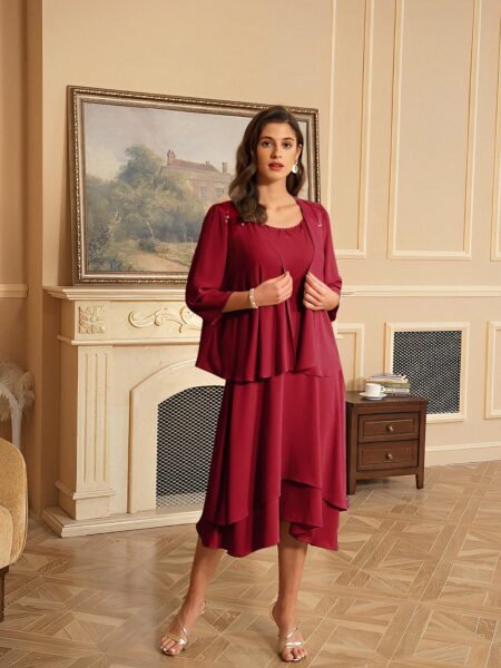 Vestido midi formal sin mangas asimetrico con saco de manga ancha 3/4