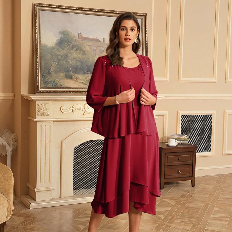 Vestido midi formal sin mangas asimetrico con saco de manga ancha 3/4