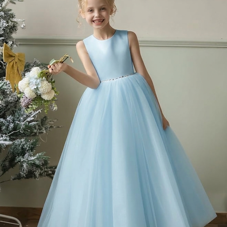 Vestido largo de niña con brillo en falda y lazo en espalda