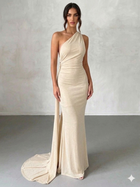 Vestido largo asimétrico espalda descubierta brillante