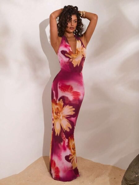 Maxi vestido ajustado escote v fruncido y espalda descubierta