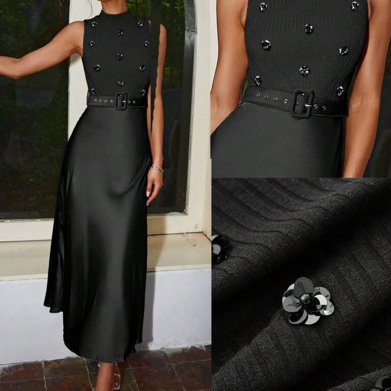 Vestido midi elegante con apliques falda de satén con cinturon