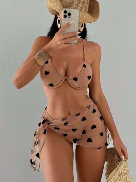Traje de baño de 3 piezas estampado de corazon