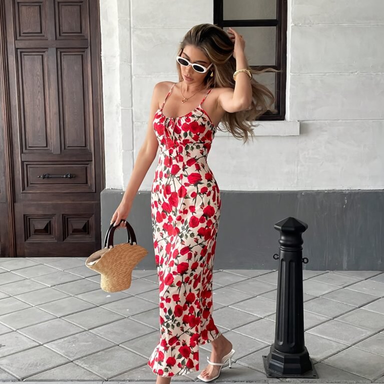 Vestido midi floral ajustado corte sirena