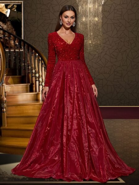 Vestido elegante manga larga con lentejuelas falda amplia