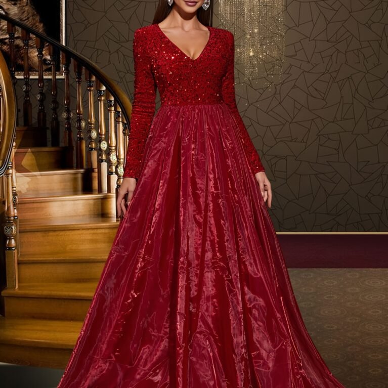 Vestido elegante manga larga con lentejuelas falda amplia