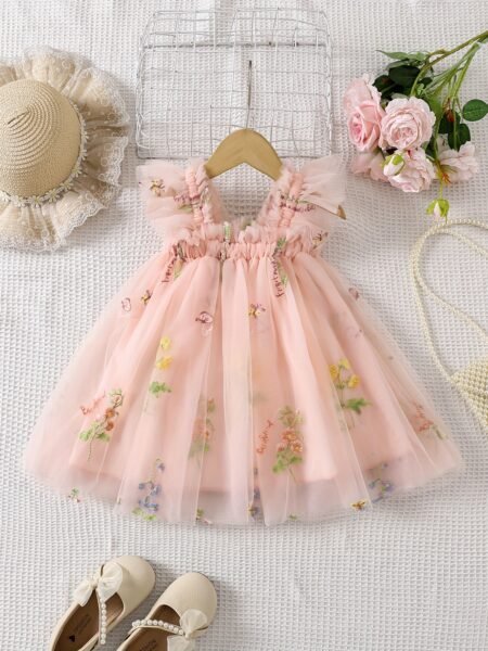 Vestido casual de niña con bordado de flores