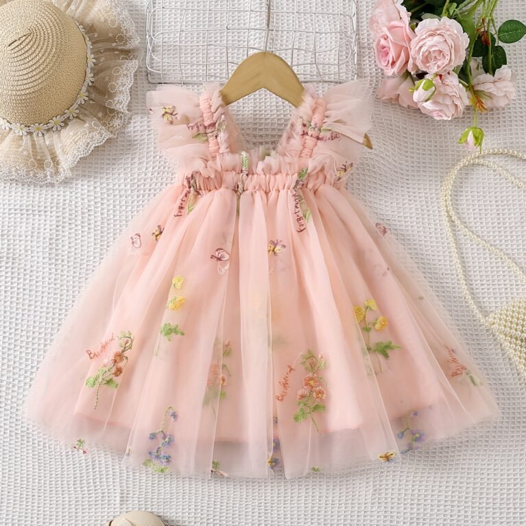 Vestido casual de niña con bordado de flores